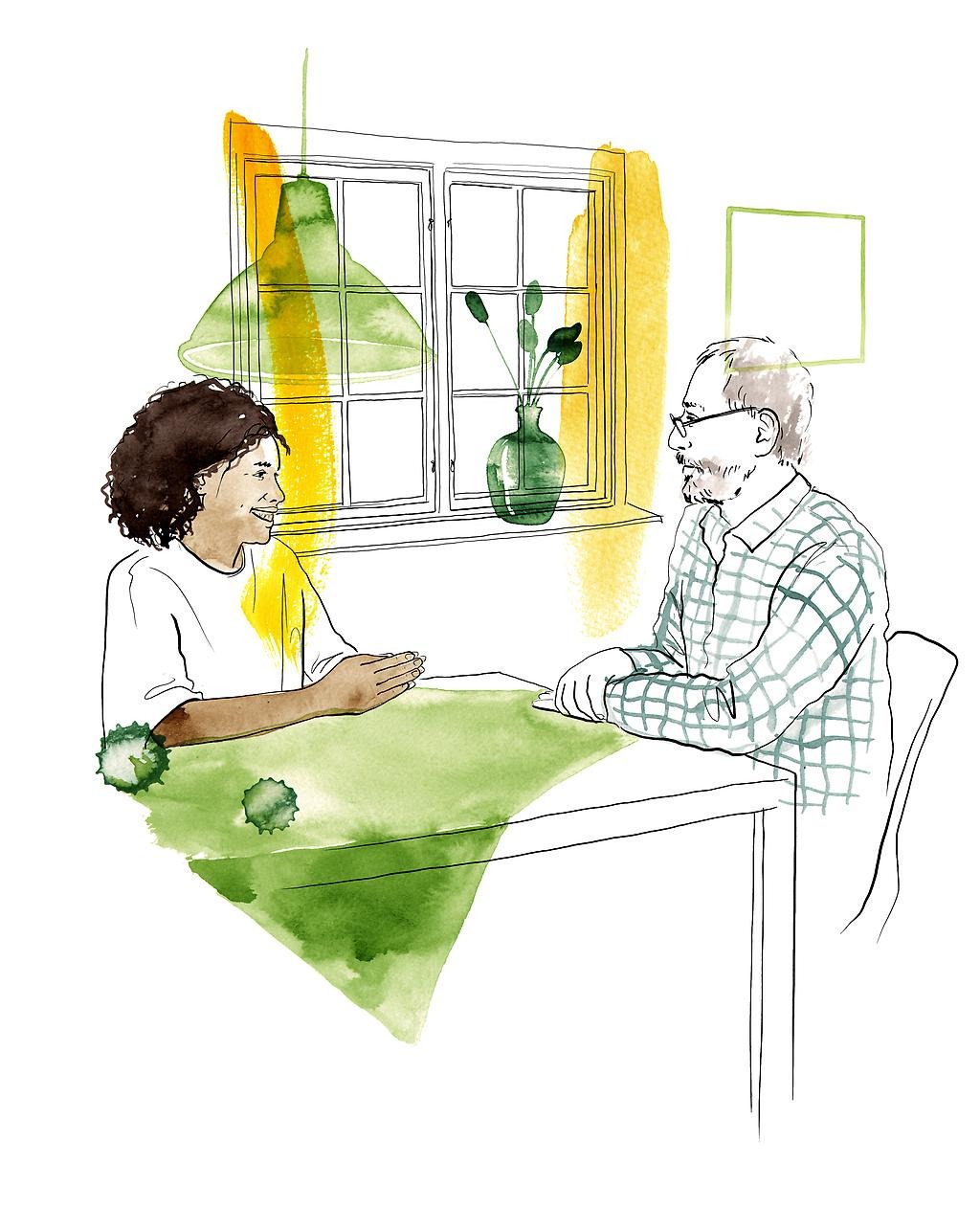 Illustration av en man och en kvinna som sitter vid ett bord och samtalar