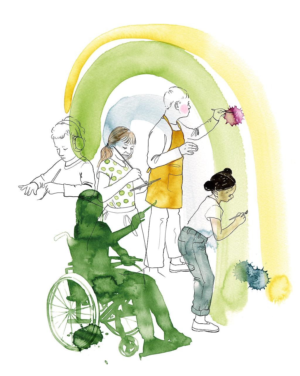 En illustration på flera barn som tillsammans eller ensamma målar på en stor regnbåge