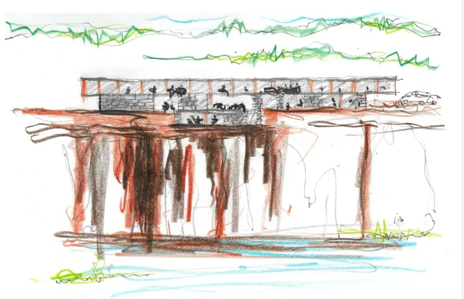 Handritad skiss av byggnad på en klippkant.