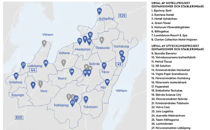 En karta över Skaraborg som pekar ut ett urval av hotellprojekt och ett urval av utvecklingsprojekt.
