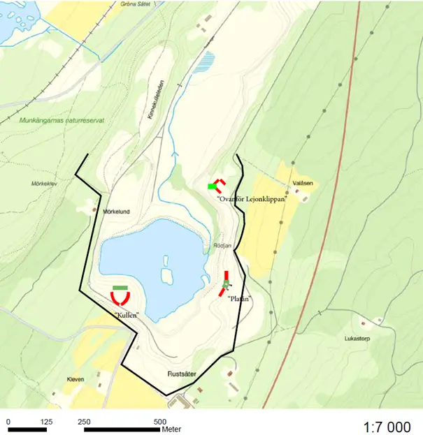 Kartbild över stora stenbrottet med tre olika platser markerade.