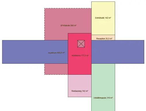 Skiss över rumsfördelning.