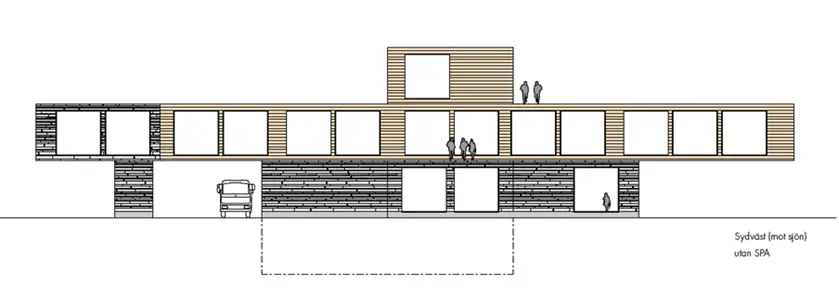 Skiss över byggnad sett framifrån.