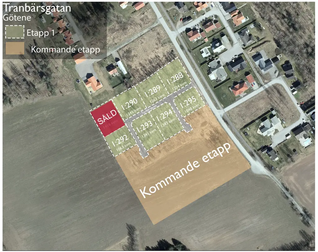 Kartbild med tomten markerad och texten Såld.