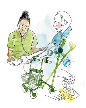 Sjuksköterska tar blodtryck på patient