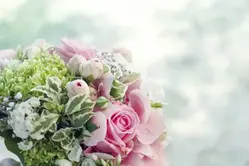 Bild på en brudbukett med vita och ljusrosa blommor.