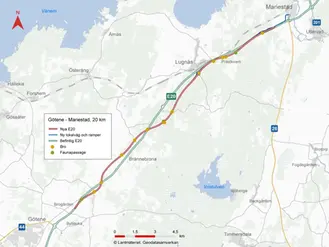 Karta över E20 Götene-Mariestad som visar åtgärder som genomförs.