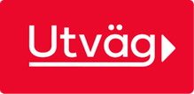 Bild på Utvägs logotype. Logotypen har en vit text där det står utväg och en vit pil på en röd bakgrund.