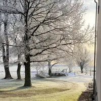 Vintrigt och soligt landskap intill Kollängens Tingshus.