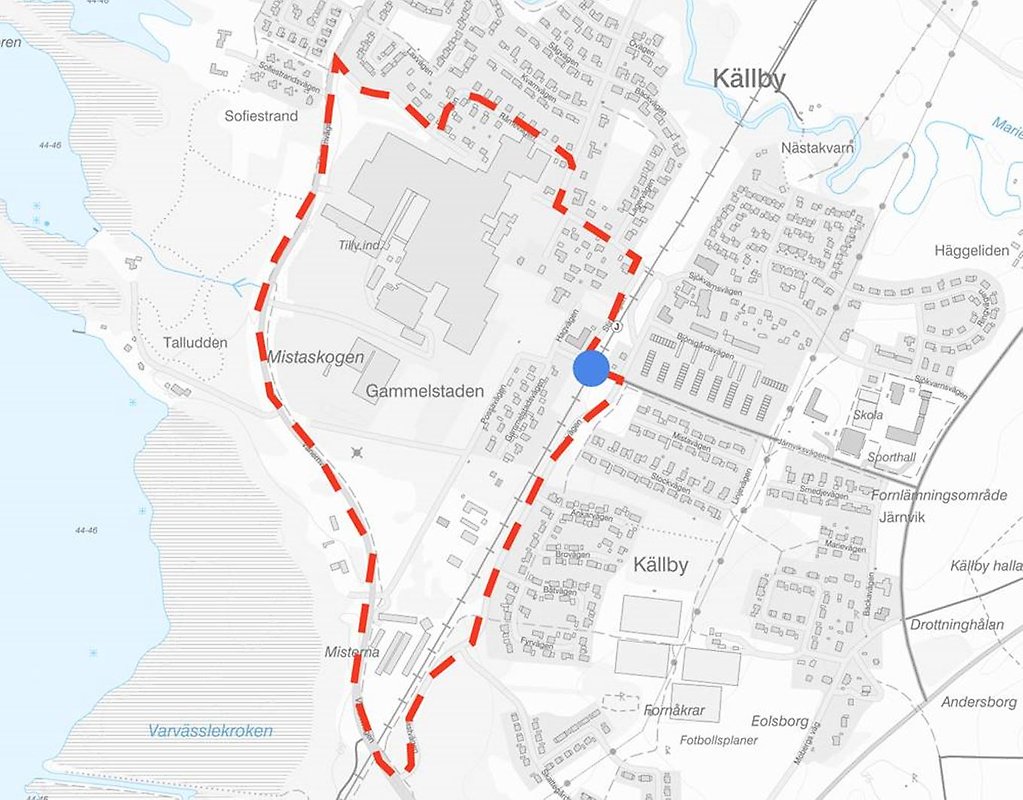 Karta över omledningen av trafik i Källby via Mastvägen och Vänervägen.
